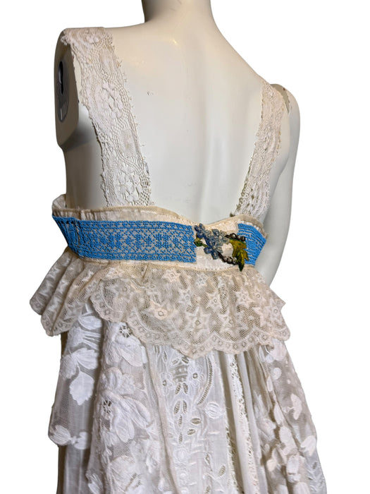 Roya, reworked Victorian lace dress with ribbon florals turquoise beading