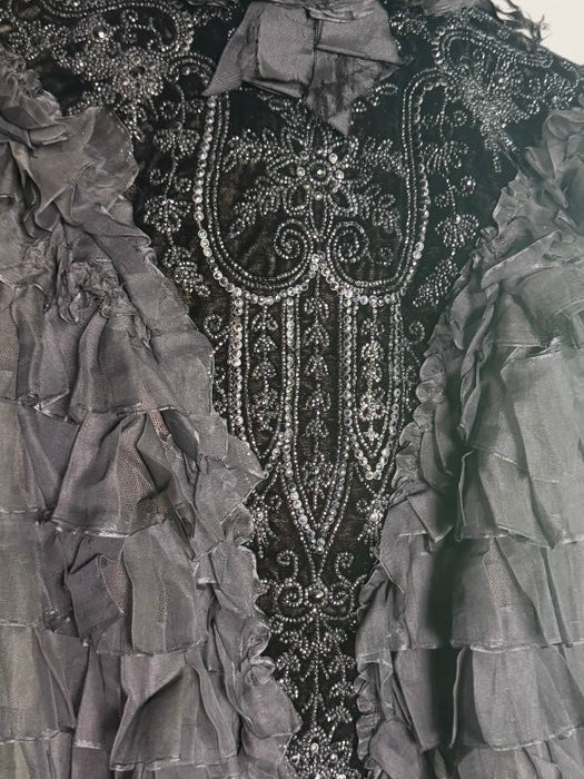 Elma, Victorian black silk ruffled cape with velour jet beaded collar