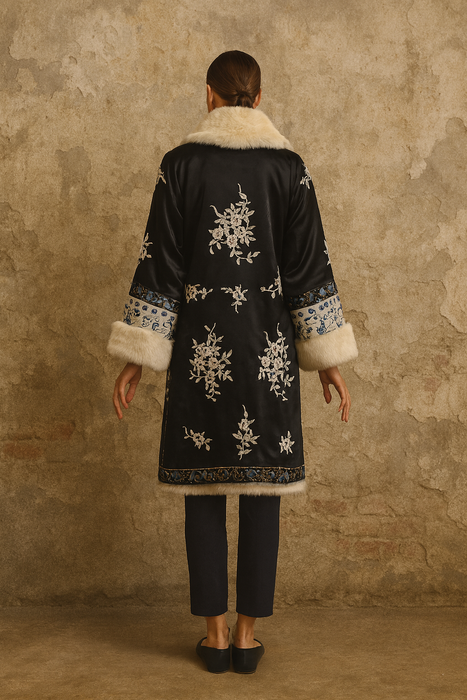 Omnia, 30s silk embroidered reversible fur coat