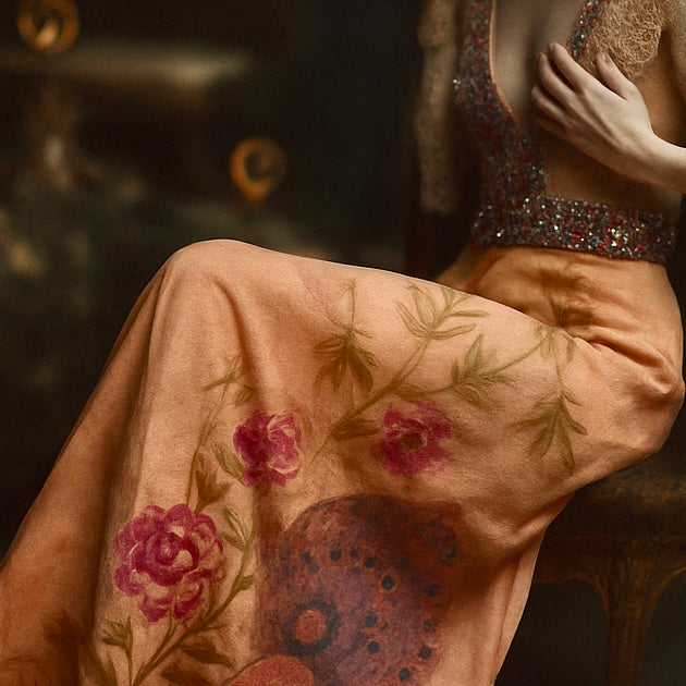 Aurora, reworked 18th C embroidered and lace dress