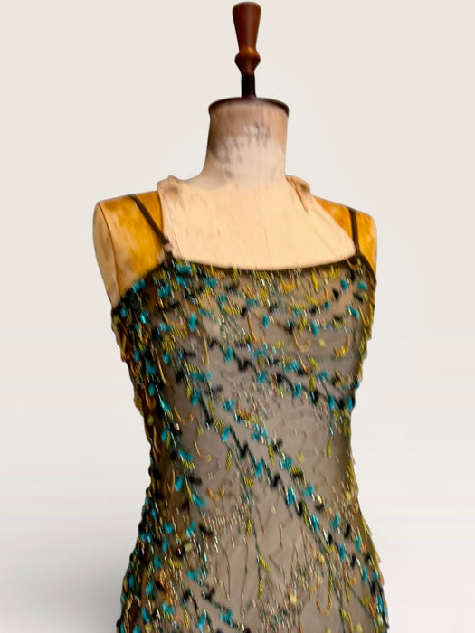 Tory, 90s beaded kaki green bias cut chiffon handkerchief dress