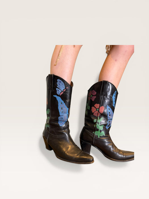Dallas, 70s black leather hand painted cowboy boots