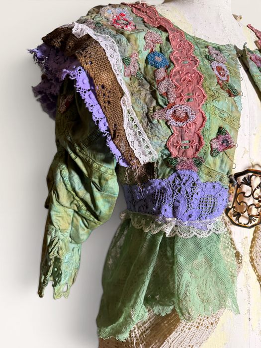 Monique, reworked Victorian hand dyed cotton and beaded lace jacket with art deco clasp