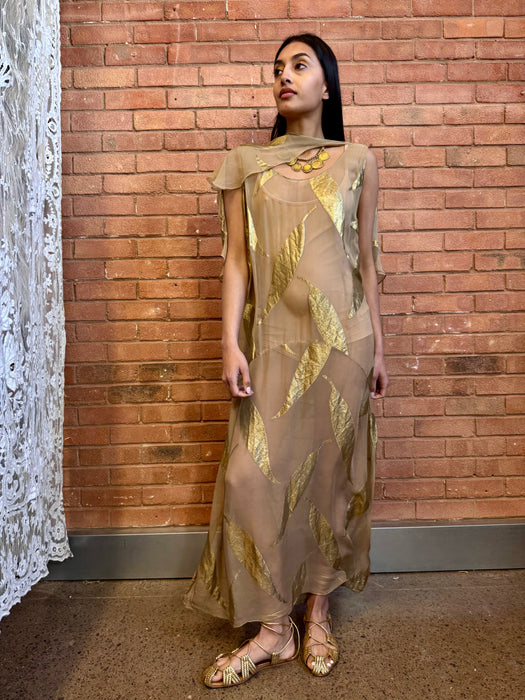 Molly, 20s silk chiffon dress with gold leaf print