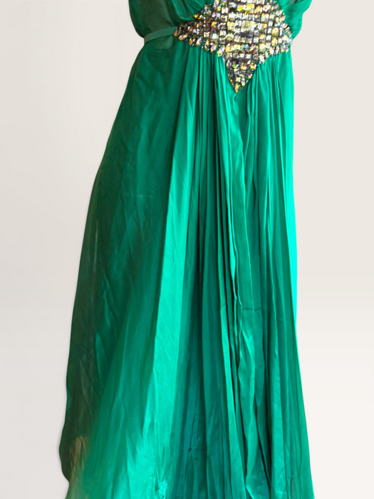 Tori, 90s emerald green silk chiffon Goddess dreamed beaded dress