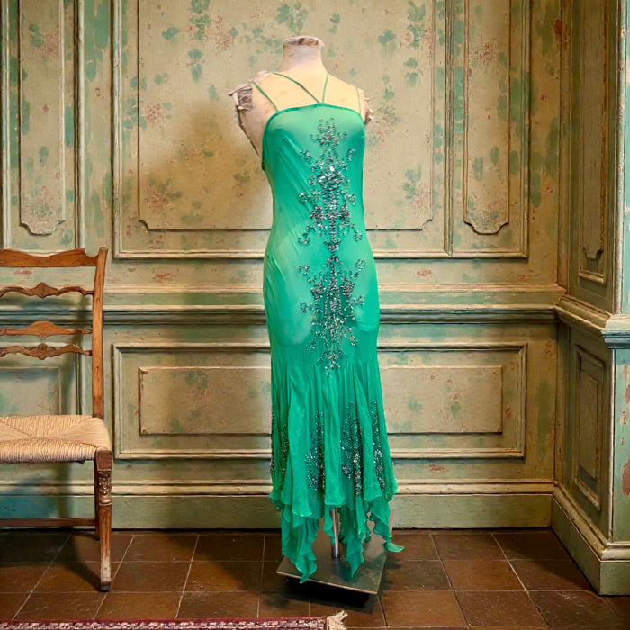 Esmeralda, 90s bias cut chiffon beaded dress with handkerchief silhouette