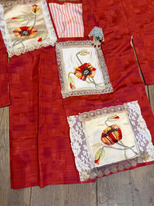 Tales, 40s a Japanese silk damask burnt orange kimono jacket with Victorian floral and lace motifs