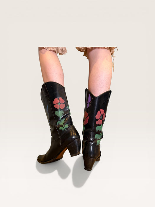 Dallas, 70s black leather hand painted cowboy boots