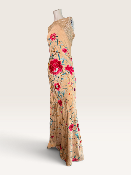 Bailey, reworked bias cut floral embroidered piano shawl dress