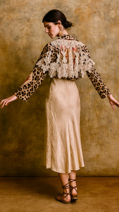 Fulcrum, leopard print long sleeve biker jacket with origin lace and embroidery