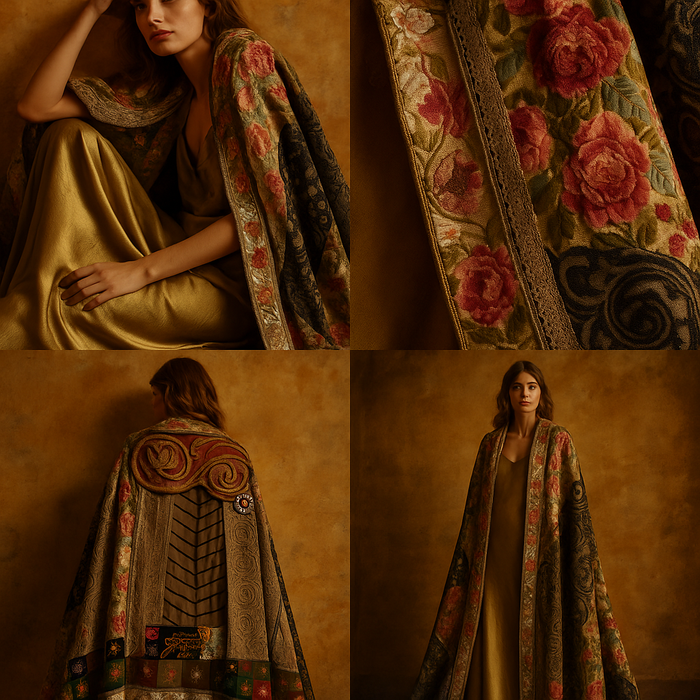 Thea, patchwork 19thC embroidered cape