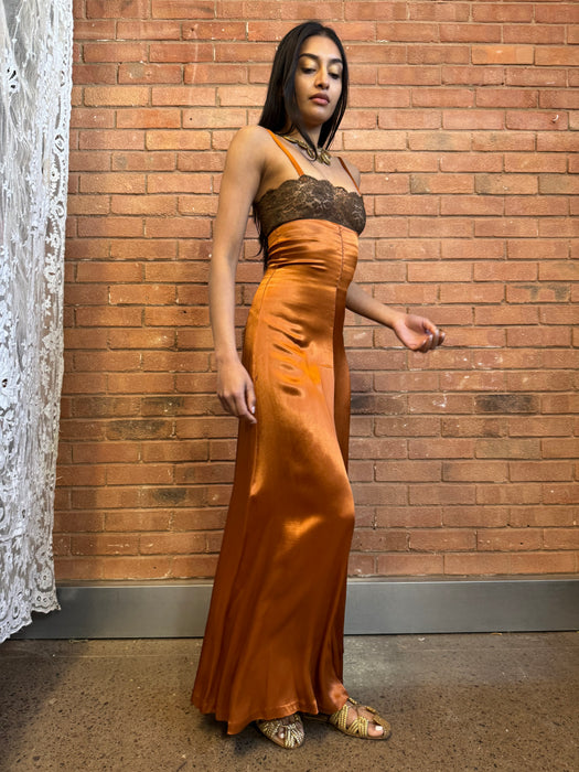 Biba, 70s silk and lace bronze dress