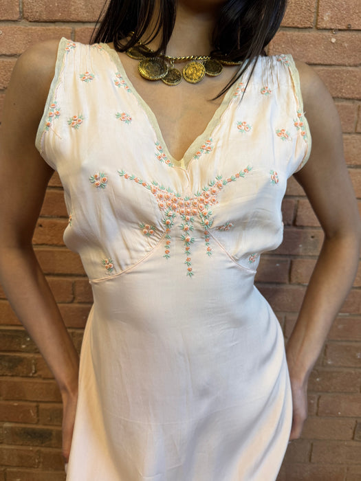 Tabitha, 20s silk bias cut dress with hand made florals
