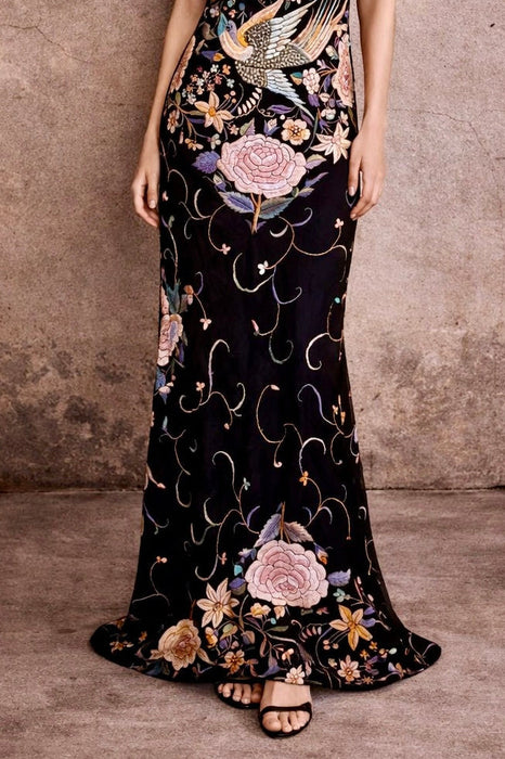 Angel, reworked 30s silk embroidered piano shawl bias cut dress