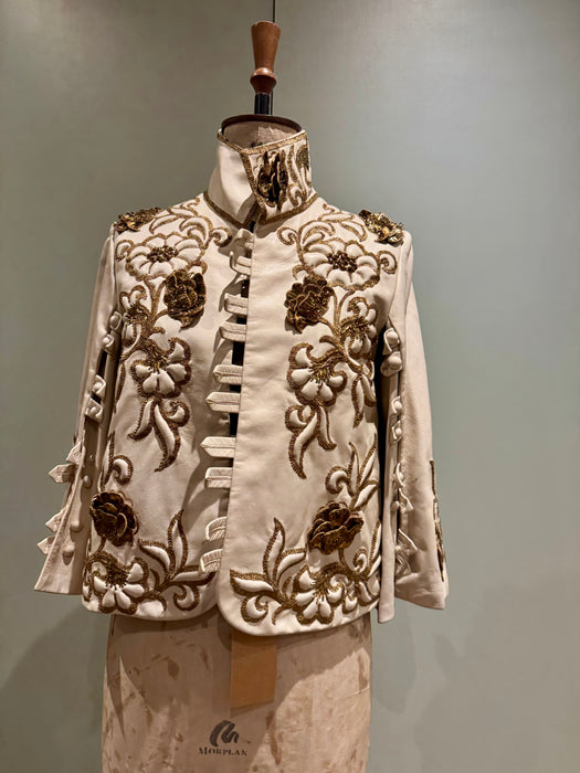 Jean-Louis Sherrer, 80s couture lather nappa cream leather jacket with gold thread quilted embroidery
