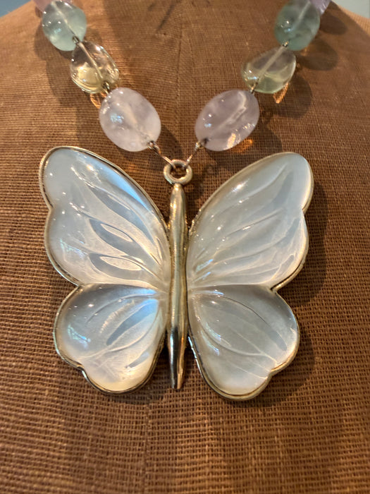 Jasmir, reworked pearlised vintage butterfly necklace with pastel crystals