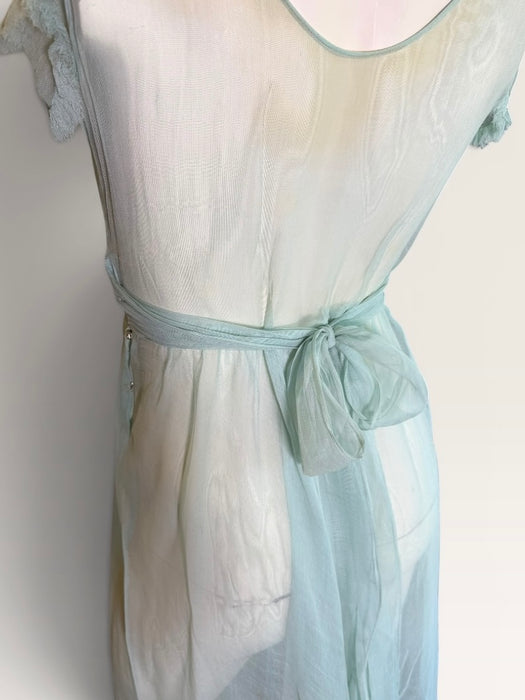 Ettore, original 30s pale blue silk chiffon dress with waist tie and frill shoulders