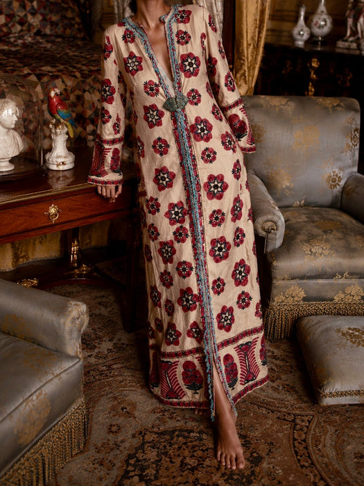 Chapan, early 19th C Uzbek chapan embroidered and beaded robe with couched Edwardian floral embroidery and turquoise buckle
