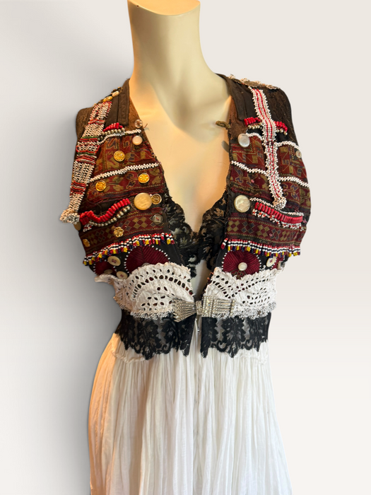Natalia, reworked Victorian tiered skirt and Afghan beaded dress