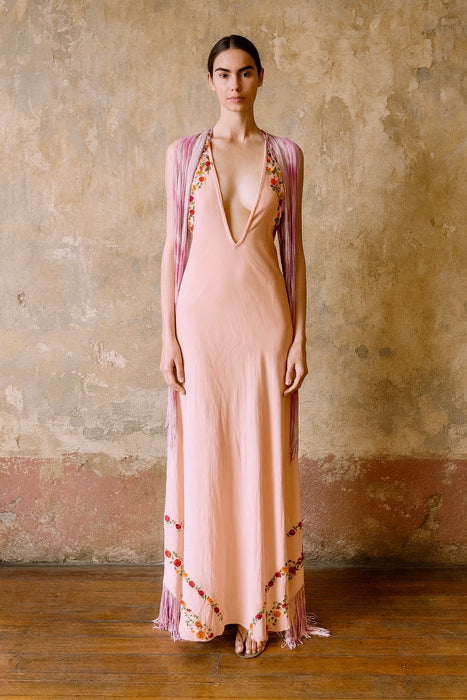 Pharaoh, 40s embroidered floral silk long fringed dress