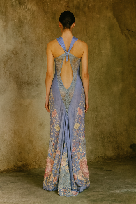 Mina, reworked floral embroidered long piano shawl gown
