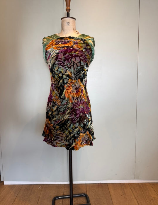 Radcliffe, reworked 20s silk devoré floral fringed dress