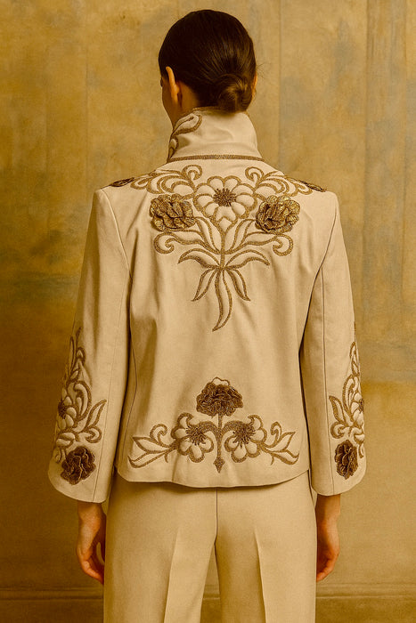Jean-Louis Sherrer, 80s couture lather nappa cream leather jacket with gold thread quilted embroidery