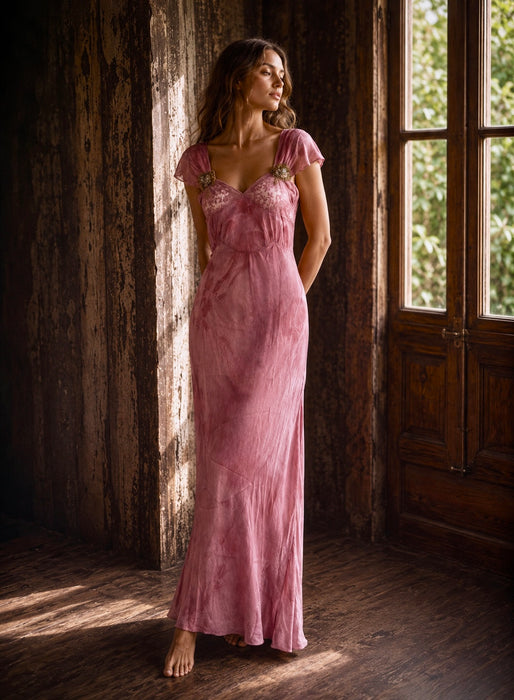 Martha, hand dyed 1930s silk and lace dress with hand made metallic rosettes