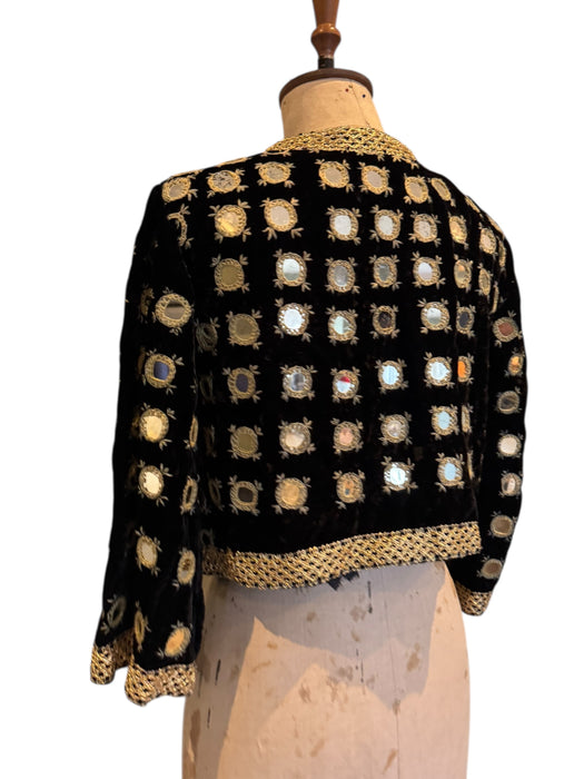 Lola, 70s bohemian black velvet mirrored jacket with gold thread