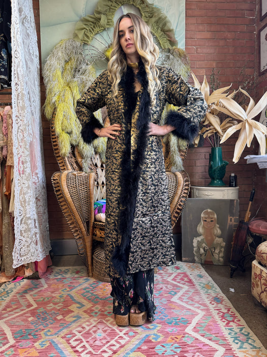 Colette, 30s lack and gold print robe with feather hem