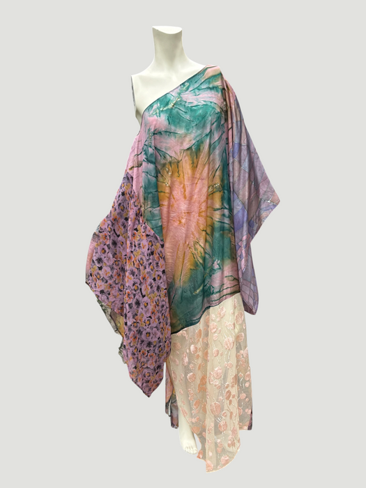 Aline, reworked silk 70s hand painted patchwork parachute kaftan