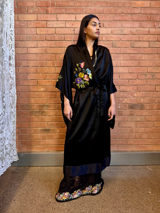 Jennifer, 40s floral black silk kimono