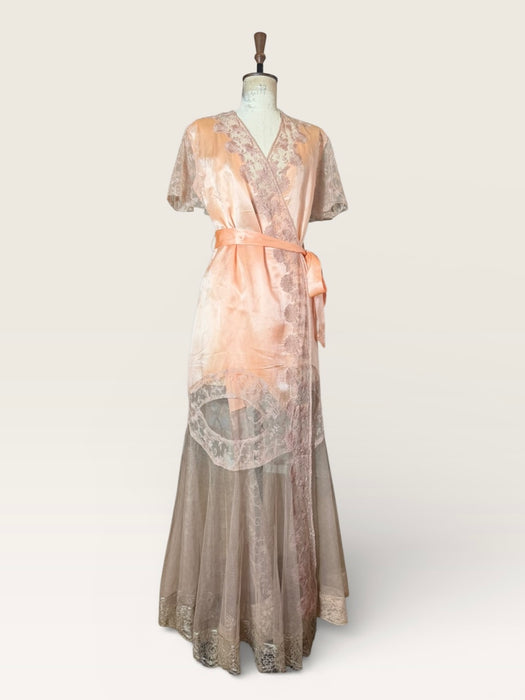 Patina, 30s peach silk and lace tulle belted wrap over dress/robe