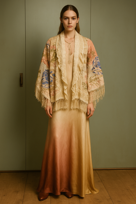 Shakes, 40s patchwork fringed cape with tassel tie