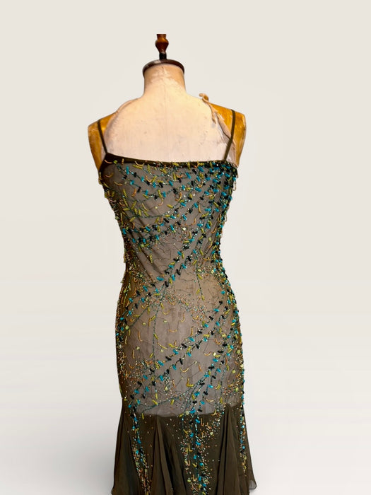 Tory, 90s beaded kaki green bias cut chiffon handkerchief dress