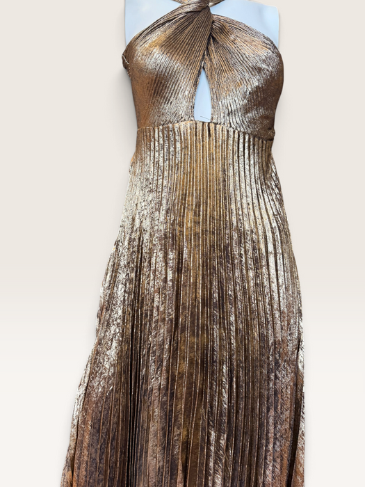Addison, 1970s gold lures pleated gold halter neck dress