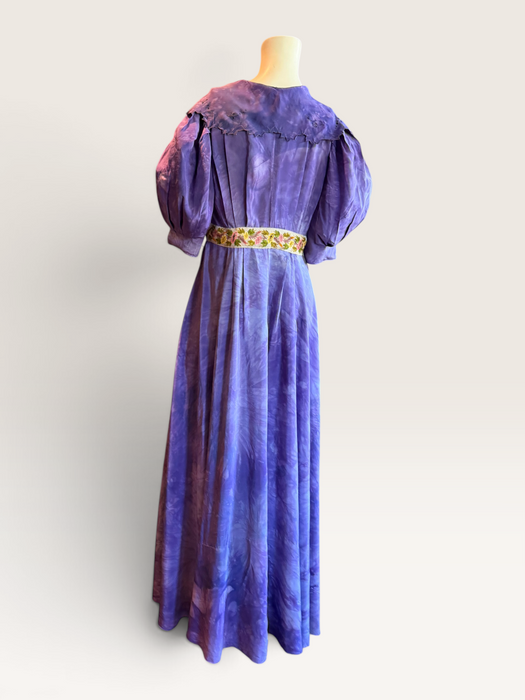 Hyacinth, 30s hand dyed silk robe with Edwardian ribbon florals