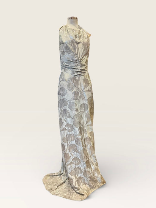 Monica, 20s silver floral lamé dress with bustle train