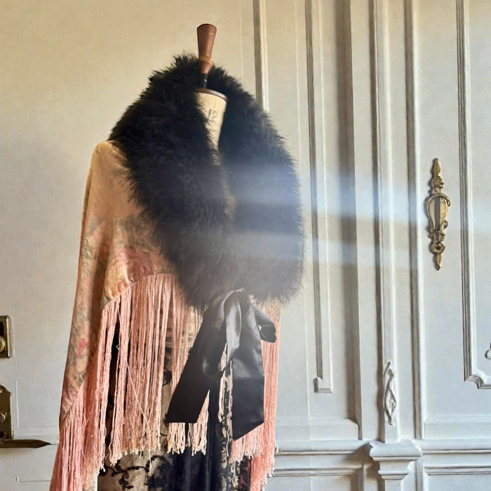 Wilma, 20s floral fringed velour cape with black feather collar and tie