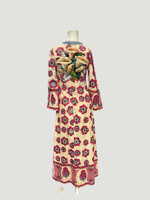 Chapan, early 19th C Uzbek chapan embroidered and beaded robe with couched Edwardian floral embroidery and turquoise buckle