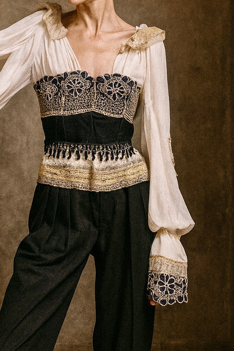 Pluto, reworked corseted lace and beaded poet blouse