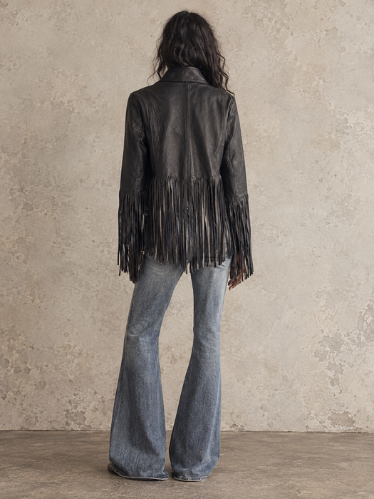 Kate Moss, for Top Shop Y2K navy leather fringed jacket