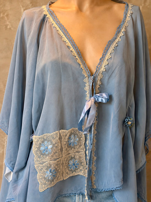 Adina, 30s, hand dyed pale blue silk and lace jacket