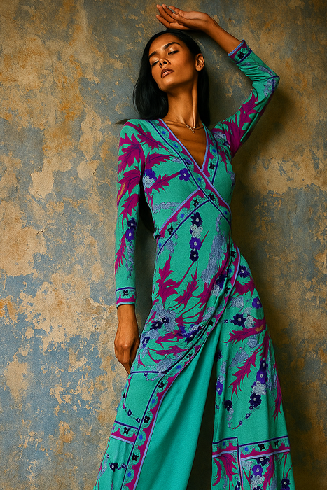 Emilio Pucci, rare and collectible 60s silk jersey wrap over jumpsuit