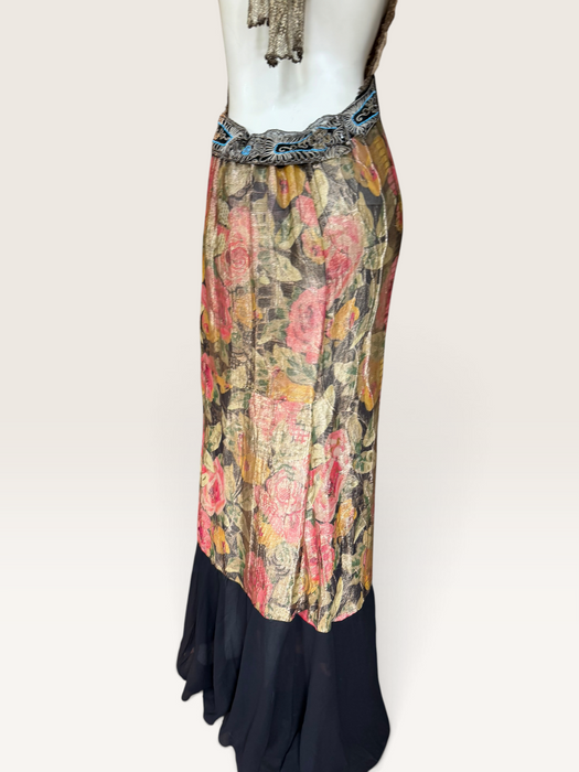Dray, reworked 1920s floral lamé and metallic dress with glass black jet beaded fringed waistband