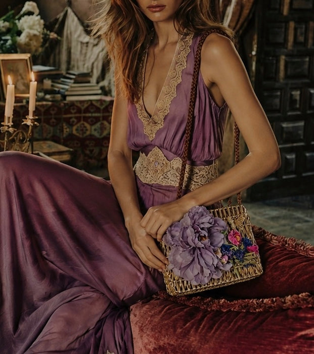Magli, 70s Made Italy, gold straw shrouded bag with silk antique florals and gold plated butterfly