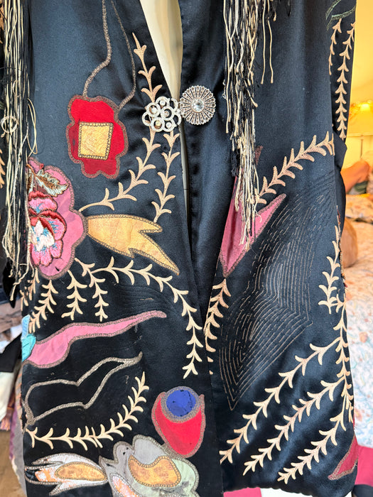 Arca, reworked Art Deco silk embroidered coat with fringing