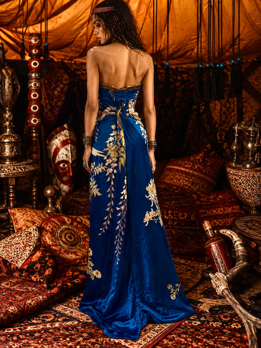 Raner, reworked 1930s cobalt blue silk embroidered bustier dress