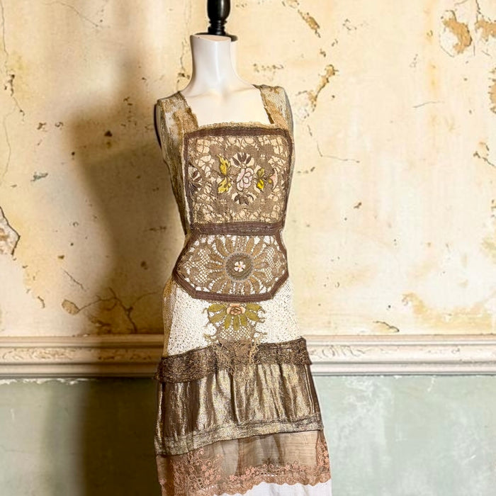 Miter, reworked 1920s French gold lamé and lace dress with Edwardian embroidery