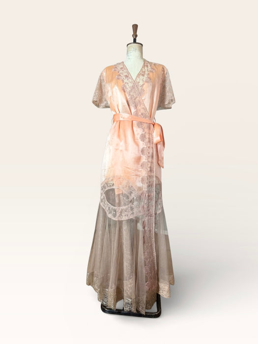 Patina, 30s peach silk and lace tulle belted wrap over dress/robe